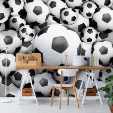 Fotobehang met sportieve voetballen in 3D-effect voor op kantoor.
