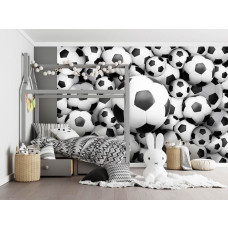 Fotobehang met 3D-effect van zwevende voetballen, speciaal voor kinderen in de kinderkamer.