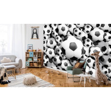 Fotobehang met 3D-voetballen in een kleurrijke speelkamer.