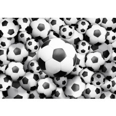 Voetballen in een 3D-effect afgebeeld op een fotobehang voor kinderen.