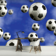 Fotobehang met een sportief thema van zwevende voetballen voor op kantoor.