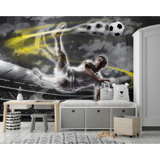 Fotobehang met een voetballer in actie op het voetbalveld, perfect voor babykamer.