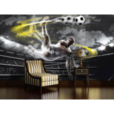 Fotobehang van een voetballer die een omhaal maakt op het veld, ideaal voor een kinderkamer.