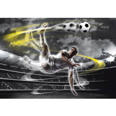 Fotobehang met een voetballer in actie tijdens een omhaal op een stadionveld.