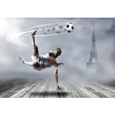 Fotobehang van een voetballer die een omhaal maakt in Frankrijk met de Eiffeltoren op de achtergrond.