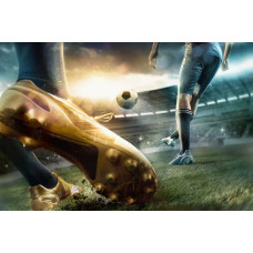 Fotobehang van voetballers die actief in een groot stadion spelen, vastgelegd tijdens een spannend moment op het veld.