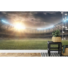 Een fotobehang met een 3D-weergave van een voetbalstadion in een kinderkamer.