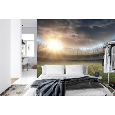 Een fotobehang met een 3D-weergave van een voetbalstadion in een slaapkamer.