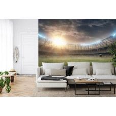 Een fotobehang met een 3D-weergave van een voetbalstadion in een woonkamer.
