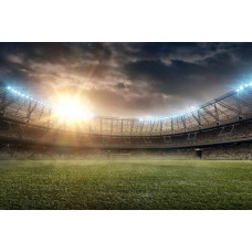 3D-fotobehang van een voetbalstadion met een bal die dynamisch door de lucht beweegt, gericht op het doel.