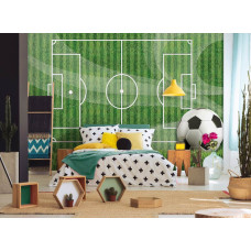 Fotobehang met een voetbalveld en gras, passend voor kinderkamer en tienerkamer.