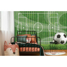 Fotobehang van een voetbalveld met groen gras, perfect voor een kinderkamer.