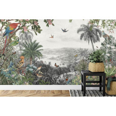 Een fotobehang met vogels en vlinders in een dicht oerwoud, afgebeeld in een slaapkamer.