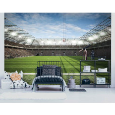 Een fotobehang van een druk stadion tijdens een voetbalwedstrijd, perfect voor een tienerkamer.
