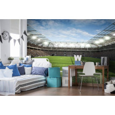 Een fotobehang met een levendig voetbalstadion, brengt energie in een kinderkamer.