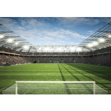 Fotobehang van een vol stadion tijdens een voetbalwedstrijd, kinderen zijn gefocust.