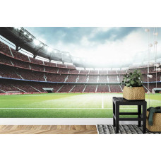 Een fotobehang met een vol stadion met een 3D-weergave van een voetbalwedstrijd in een kinderkamer.