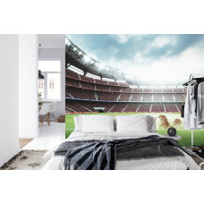 Een fotobehang met een vol stadion met een 3D-weergave van een voetbalwedstrijd in een slaapkamer.