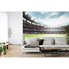 Een fotobehang met een vol stadion met een 3D-weergave van een voetbalwedstrijd in een woonkamer.