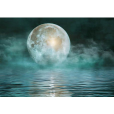 Fotobehang met een heldere volle maan die weerspiegelt in het stille water onder een nachtelijke hemel.