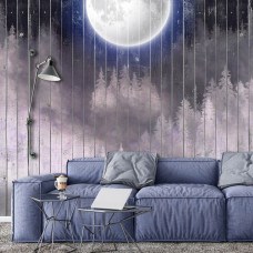 Een fotobehang van een volle maan boven planken en een bos met bomen te zien in de woonkamer.