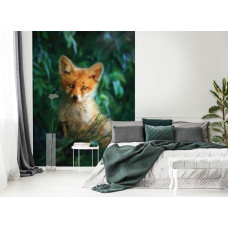 Een fotobehang van een vos in een serene slaapkamer.