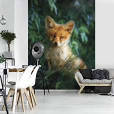 Een fotobehang van een vos in een gezellige woonkamer.