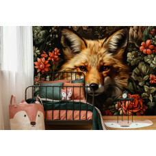 Een fotobehang van een vos tussen de bloemen in de kinderkamer.