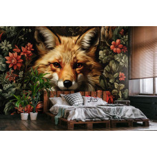 Een fotobehang van een vos tussen de bloemen in de slaapkamer.