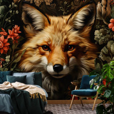 Een fotobehang van een vos tussen de bloemen in de woonkamer en slaapkamer.