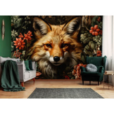Een fotobehang van een vos tussen de bloemen in de woonkamer.