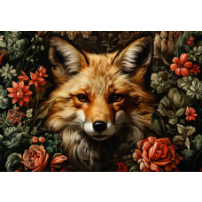 Fotobehang van een vos die door een bloemenveld sluipt, met levendige kleuren en natuurthema.