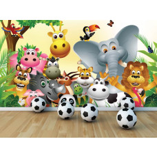 Een fotobehang met vrolijke dieren in een Afrikaanse jungle voor de kinderkamer.