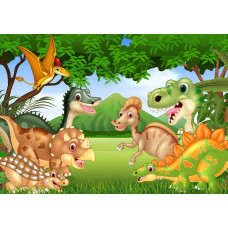 Vrolijke dinosaurussen spelen in een bosrijke jungleomgeving, speciaal ontworpen voor kinderkamers, op dit fotobehang.