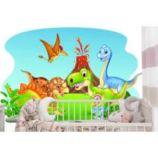 Een fotobehang met vrolijke dinosaurussen voor een vulkaan, speciaal ontworpen voor een babykamer.
