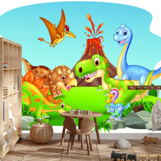 Een fotobehang met levendige dinosaurussen voor een vulkanisch landschap in een jongenskamer.