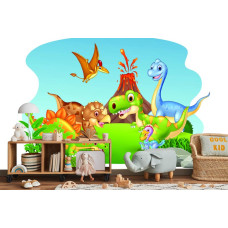 Een fotobehang met speelse dinosaurussen in een vulkanisch decor, ideaal voor een kinderkamer.