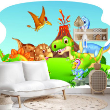 Een fotobehang met kleurrijke dinosaurussen voor een vulkanisch landschap in een speelkamer.