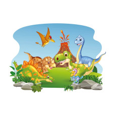 Dinosaurussen voor een actieve vulkaan, omringd door prehistorische natuur, afgebeeld op een vrolijk fotobehang.