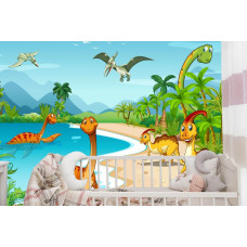 Een fotobehang met vrolijke dinosaurussen in een waterlandschap, afgebeeld in een babykamer.