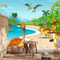 Een fotobehang met vrolijke dinosaurussen in een speelse setting, afgebeeld in een jongenskamer.