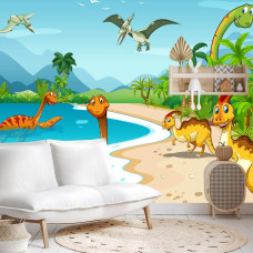 Een fotobehang met speelse dinosaurussen bij het water, afgebeeld in een speelkamer.