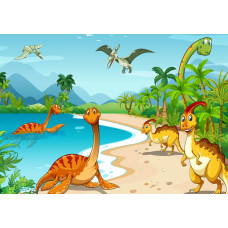 Vrolijke dinosaurussen spelen in het water, omringd door natuur, op dit speelse fotobehang.