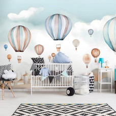 Een fotobehang van vrolijke luchtballonnen voor kids in een babykamer.