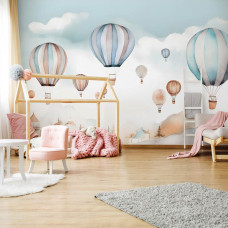 Een fotobehang van vrolijke luchtballonnen voor kids in een meisjeskamer in een kinderkamer.