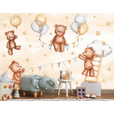 Een fotobehang van vrolijke teddyberen in de wolken met sterren in een babykamer.