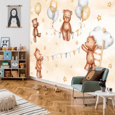 Een fotobehang van vrolijke teddyberen in de wolken met sterren in de kinderkamer.