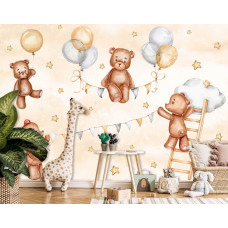 Een fotobehang van vrolijke teddyberen in de wolken met sterren in een kinderkamer.