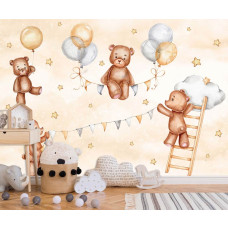 Een fotobehang van vrolijke teddyberen in de wolken met sterren op vliesbehang in de kinderkamer.