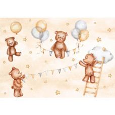 Fotobehang met vrolijke teddyberen, zwevend tussen de wolken en sterren, ontworpen voor kinderkamers.